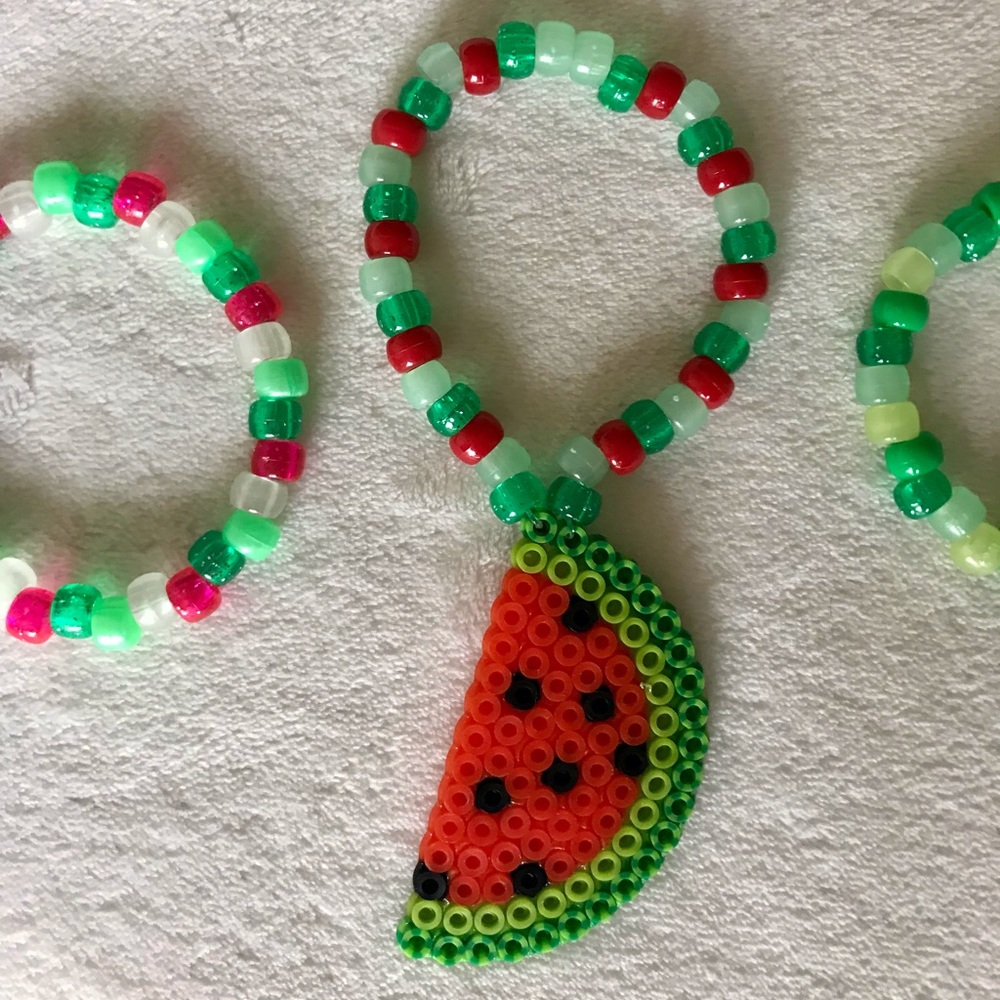 Handmade Kandi Bracelet Set – Watermelon Glow Beaded Trio | Rave Festival EDM PL